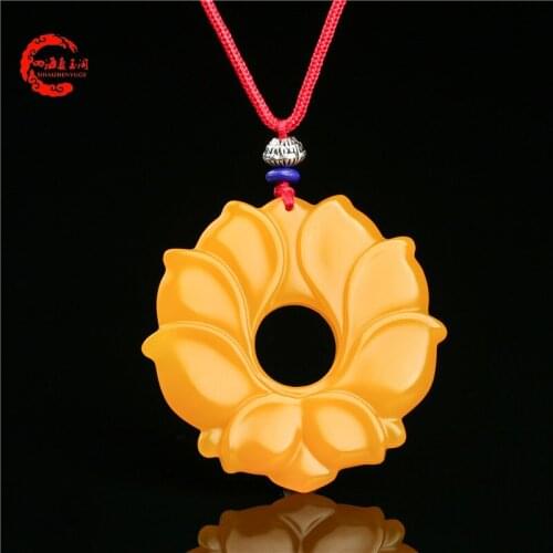 Natural huanglong yellow jade pendant hollow hand-carved lotus jade pendants brand neckalce women jadeite jade jewelry jade