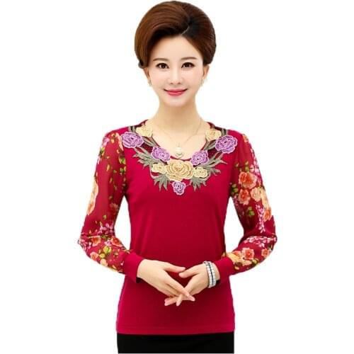 New High Quality Fashion Women t-Shirts Chiffon Long Sleeve Tee Shirts Femme Plus Size Mother Clothing Lady Floral Pullover Tops