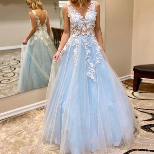New Sky Blue/Champagne Evening Dresses 3D Flowers Appliques Lace V-Neck Prom Gowns Tulle Floor Length Party Dress for Graduation