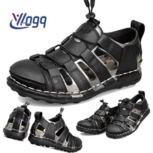 Summer New Sandals Men Breathable Mesh Hole Shoes Genuine Leather Shoes Male Comfortable Soft Translucent Sole Mens Casual Shoe