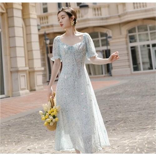 Retro French Fresh Floral Daisy Bellflower First Love Fairy Dress Bowknot Cute Party Neck Gentle Party Dress