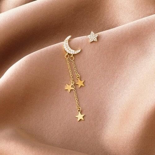 Star Moon Asymmetry Drop Earrings Party Jewelry Gift Earrings for Women Fashion Gold Color Long Tassel Stars Stud Earring серьги