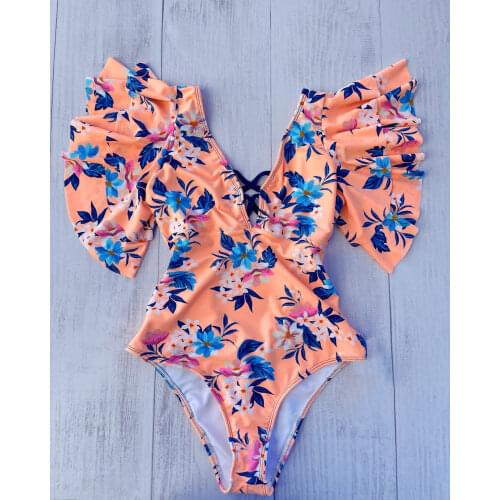 One Piece Swimsuit 2021 Ruffle Swimwear Women Push Up Monokini Sexy Bodysuit V-Neck Plus Bathing Suit Plus Size Beach Wear