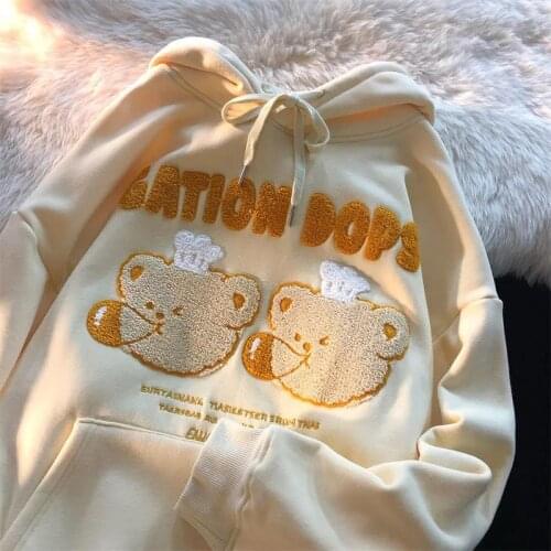 New Hip Hop Cute Bear Letter Embroidery Hoodies Women Sweatshirt Long Sleeve Tops Clothes for Teens 2021 Autumn Japanese Fashion