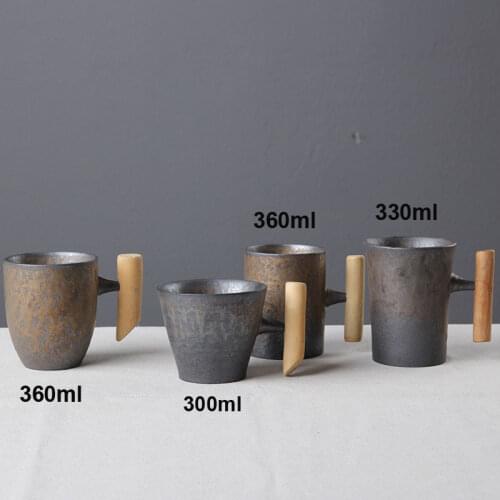 Japanese Vintage Pottery Coffee Mug With Wooden Handle Ceramic Tea Milk Water Cup Kitchen Drinkware Retro Home Decor Unique Gift