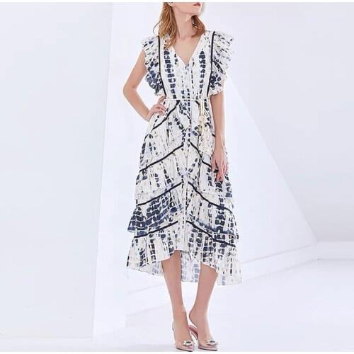 Summer Navy Blue Long Dress Women Sleeveless Ruffles Party Dress Beach Boho Cake Midi Dress Runway Belt Single Breasted C019