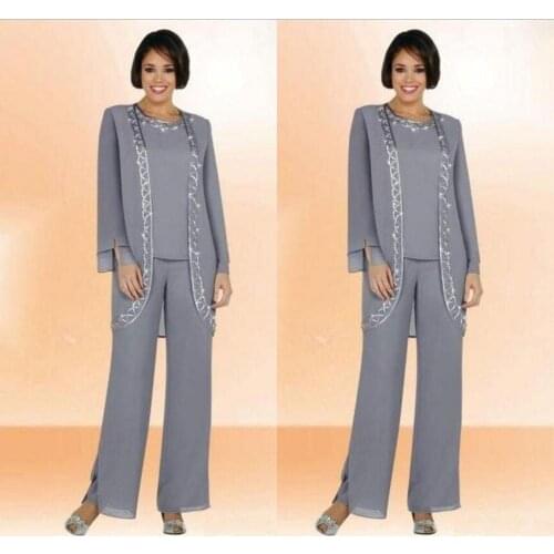 Vintage Silver Long Plus Size Mother Of The Bride Pant Suits With Chiffon Long Sleeve Jacket Embroidery Formal Gowns