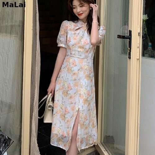 Korean 2021 Summer Chic Elegant Vintage Dresses Women Short Sleeve Floral Design Sweet Midi Dress Office Ladies One Piece Dress