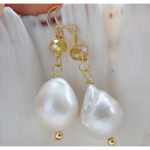 18mm baroque white keshi reborn pearl faceted crystal dangle earring plated