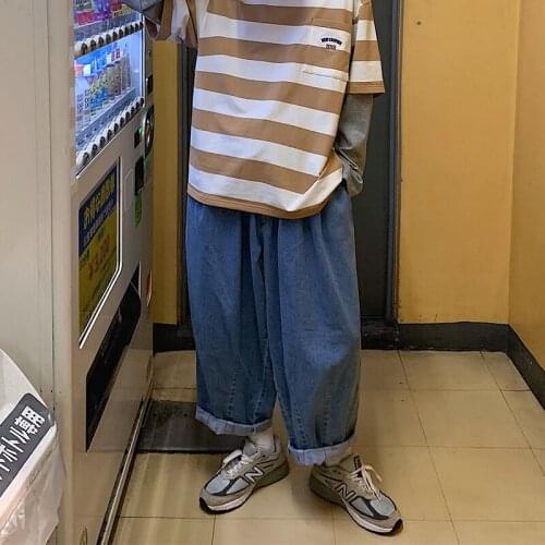 2021 Ulzzang Baggy Jeans Men Clothing Kpop Clothes Loose Fashion Blue Denim Pants Korean Style Casual Straight-Leg Jeans Male