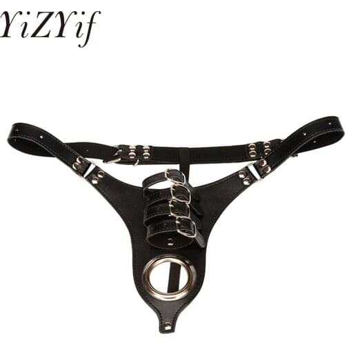 Black Adjustable Sexy PU Leather Panty C-String Thong with Penis Rings Male Chastity Belt Underwear Sex Men Lingerie Sex Toys