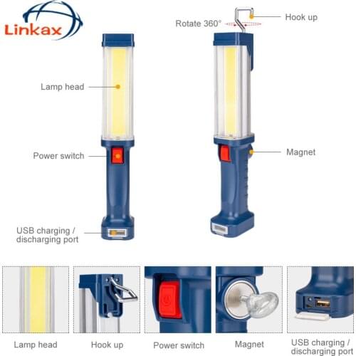 COB LED USB Rechargeable Working Light Power Bank Flashlight Inspection Lamp with Magnetic Base Hook Outdoor Lighting Torch