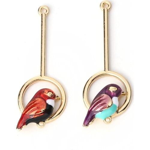 Doreen Box Zinc Based Alloy Connectors Strip Gold Color Cute Cartoon Purple/Red Bird Enamel 37mm(1 4/8") x 14mm( 4/8"), 10 PCs