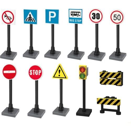 City Street Traffic Road Signs Roadblock Signal Light Speed limit Humanoid road Parking lot sign Building Blocks Toys
