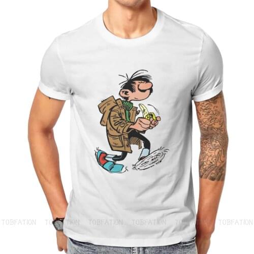 Guust Flater Eating Banana O Neck TShirt Gaston Lagaffe Comics Fabric Basic T Shirt Men Tops New Design Fluffy Hot Sale