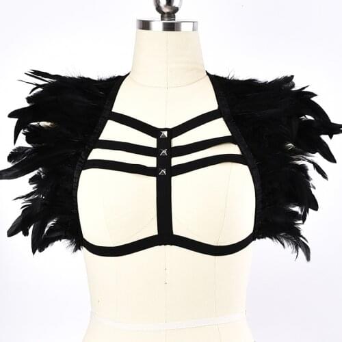 JLX.HARNESS Feather Goth Body Harness Cage Bra Epaulet Bondage Belt Shoulder Burning Festival Pole Dance Black Adjust Harness