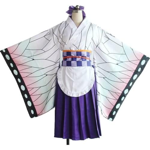 Demon Slayer Kimetsu No Yaiba Kochou Shinobu Japanese Tradition Yukata Kimono Lolita Girls Maid Dress Uniform Cosplay Costume