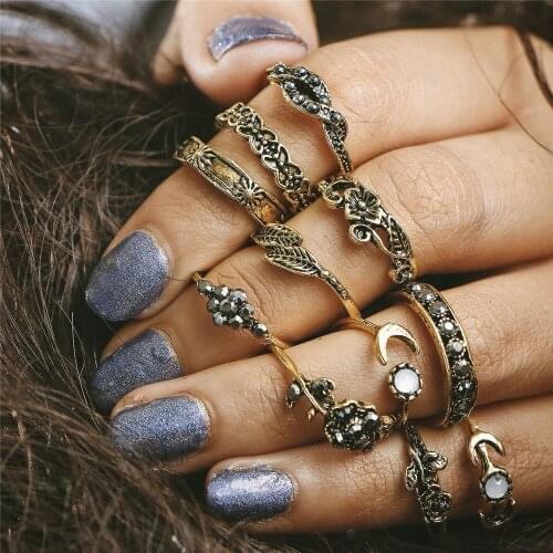 Fashion Charm Roses Rings for Women Girl Wedding Party Vintages Leaf Carving Totem 11 Pcs/Set Noble Ring Jewelry Wholesale