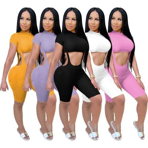 Fashion Knitted Rib Women Set T-shirt Crop Top + Jumpsuit Has Stretch two piece set women tracksuit clothes for women