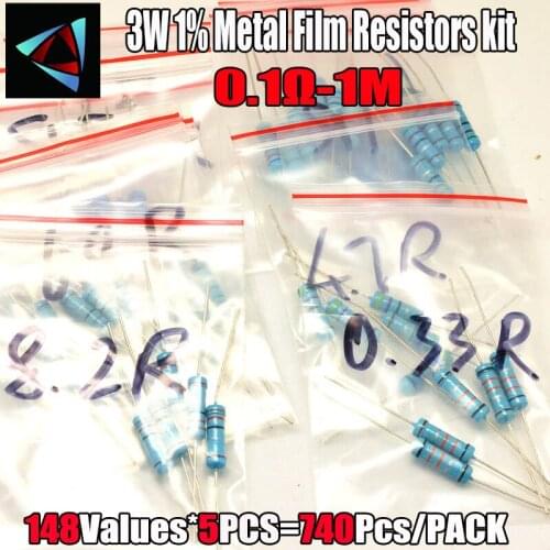 740pcs/lot 3W 1% 148valuesX5pcs=740pcs Metal Film Resistor Kit 0.1R~1M Resistor Pack 3W 1% Torlerance Resistor Pack