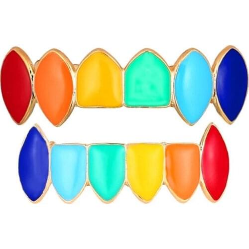 Hip Hop Fang Top & Bottom Teeth Grillz Set for Men Rapper Jewelry Color Resin Dental Mouth Caps Cosplay Party