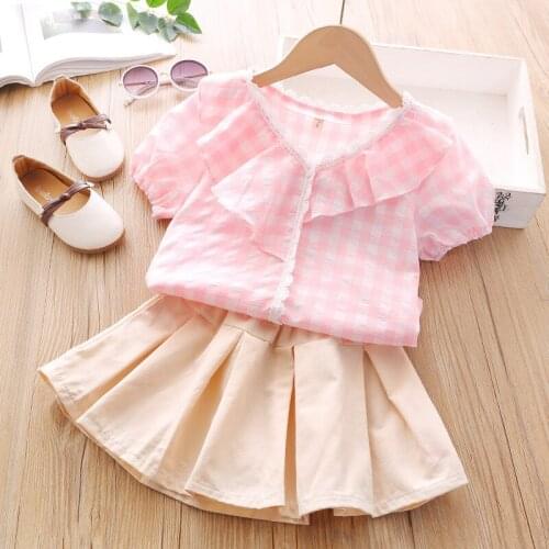 2021 Summer New Casual Plaid Lace Tops Childrens Clothes Sweet 1-6Years Baby Girls Western Style T-shirt+Skirt Two-piece Sets
