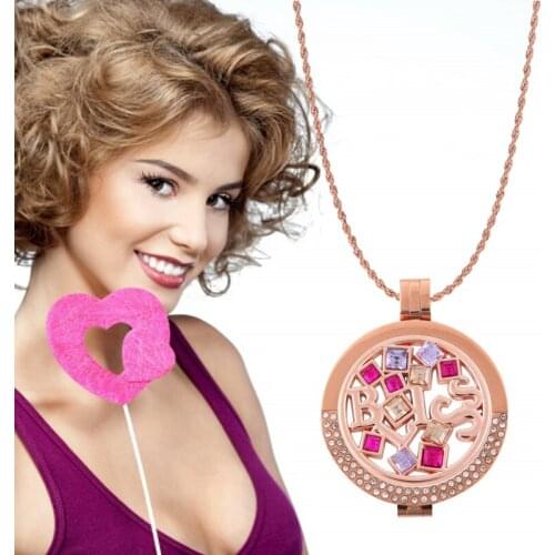 Vinnie Design Stainless Steel Pendant Necklace with 35mm Crystal Coin Holder, 33mm Bliss Peach Coin Disc,80cm Rose Soprano Chain