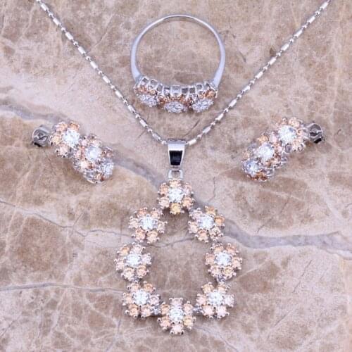 Champagne Morganite White CZ Silver Plated Jewelry Sets Earrings Pendant Ring Size 6 / 7 / 8 / 9 / 10 Free S0151