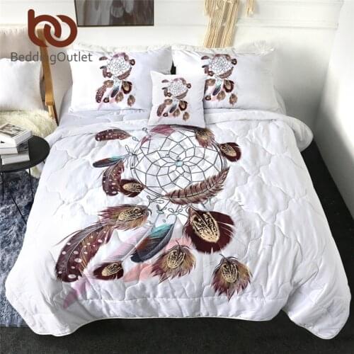 BeddingOutlet Dreamcatcher Quilt Blanket Bohemian Bedding Throws for Adult Feathers Bedspreads White Bed Cover Set Queen 4pcs