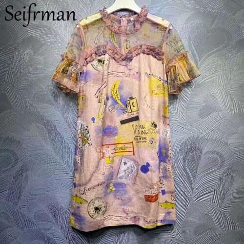 Seifrmann New 2021 Summer Women Fashion Designer Party Mini Dress Flare Sleeve Ruffles Floral Print Ladies Loose A-Line Dresses