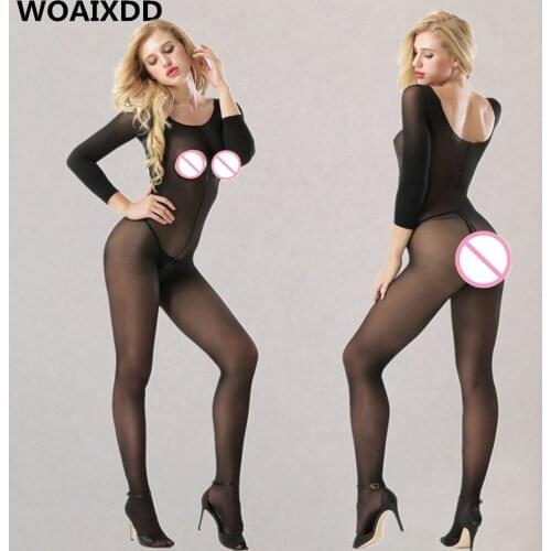 Sexy Crotchless Sheer Bodystocking Full Body Pantyhose Ultra-thin Transparent Long-sleeve Open Crotch Strap Tights Stocking