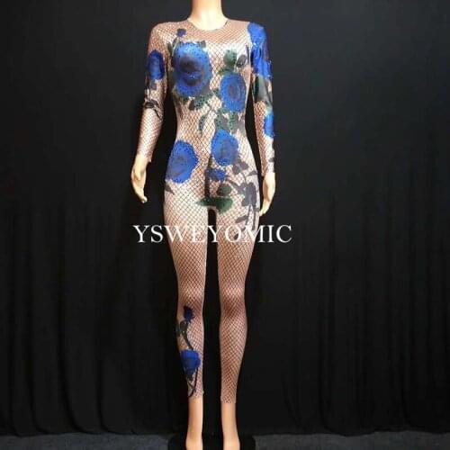 3D Blue Rose Sexy Diamonds Jumpsuit Long Sleeve Skinny Bodysuits Club wear Party One Piece Outfit Wear Performance Dance Costume
