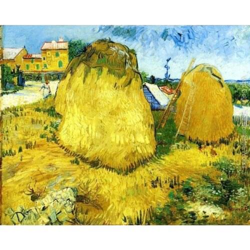 Stacks of Wheat near a Farmhouse by Vincent Van Gogh Oil paintings reproduction Landscapes art hand-painted home decor