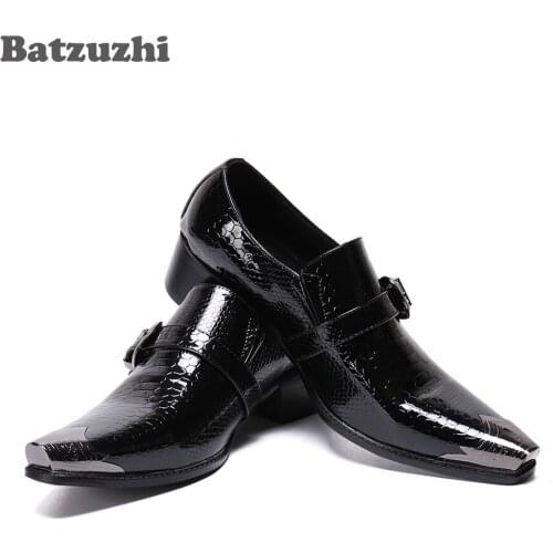 Batzuzhi Black Business Shoes Fashion Mens Shoes Pointed Metal Tip Leather Dress Shoes Men Slip on Zapatos Hombre, Big Size