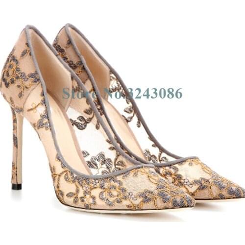 Spring New Nude Lace Embroider Thin High Heel Shoes Pointed Toe Slip On Women Pumps Lace Flower Sexy Shallow Shoes