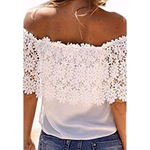 Sexy Summer Women Off Shoulder Lace Sleeve Blouse Floral Chiffon Splice Blouses Shirt Casual Tops AIC88