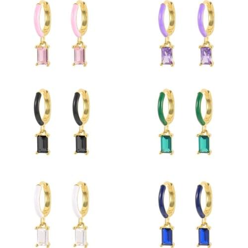 925 Sterling Silver Enamel Earrings For Women Rectangular Zircon Hoop Earrings Dangle Earrings Pendientes Wedding Gift Jewelry