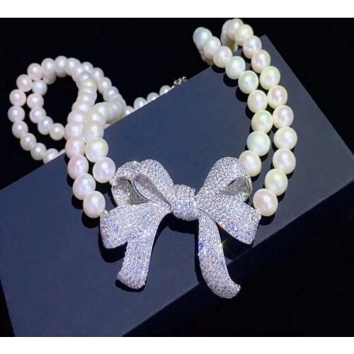 2 layers of large bow cubic zirconia micro-set with bright pearl choker for women elegant party accessories birthday present