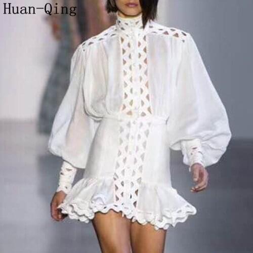 New Runway Women Sexy Hollow Out Shirt Dress Spring Lantern Sleeve High Waist Ruffles Bodycon Party Dress Black White Vestidos