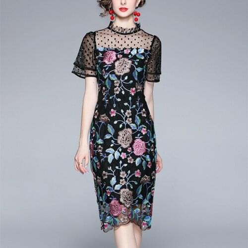 Vintage Flower Embroidery Midi Dress Brand Women Designer Puff Sleeve Slim Summer Hepburn Dot Splicing Dresses Vestidos