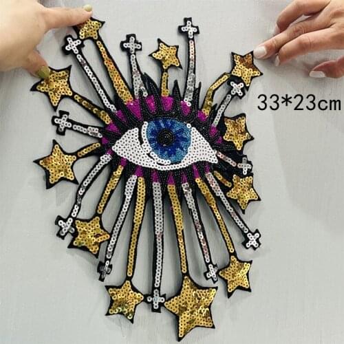 1Pcs Fashion Sequin Eye Large Size Patches for Clothes DIY Parch Star Eyes Iron on silver Wing Embroidery Applique for Clothing