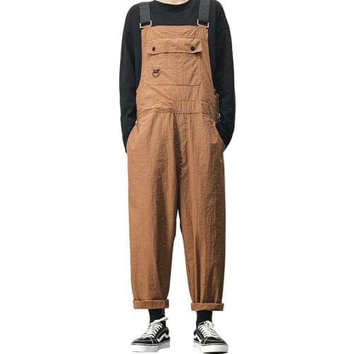 2021 Overalls Men Bib Jumpsuits Big Pocket Loose Straight Solid Casual Cargo Pants Workwear Clothing Brown Black Trousers