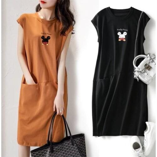 2021 Summer Women Dresses Loose Cartoon T-shirt Knee Dress For Women Lddies Clothing Mickey Mouse Clothes For Summer