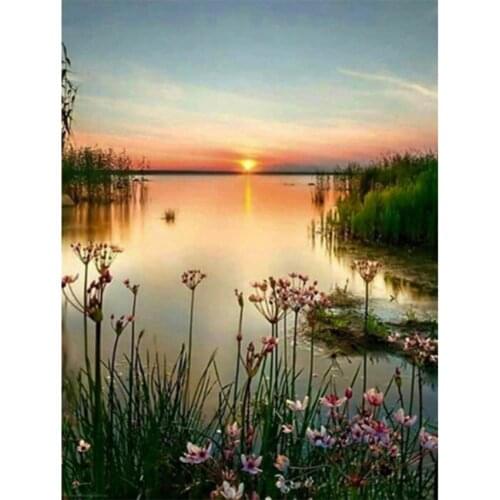 5D DIY Diamond Painting Sunset Riverside Pattern Diamond Embroidery Landscape Mosaic Picture Cross Stitch Set Crystal WG2250
