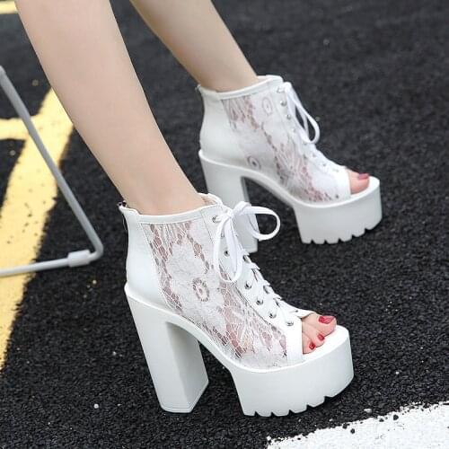 Platform shoes High Heels Summer Shoes punk shoes Ankle Boots For Women Open Toe Thick Heels lace up boots spring boots