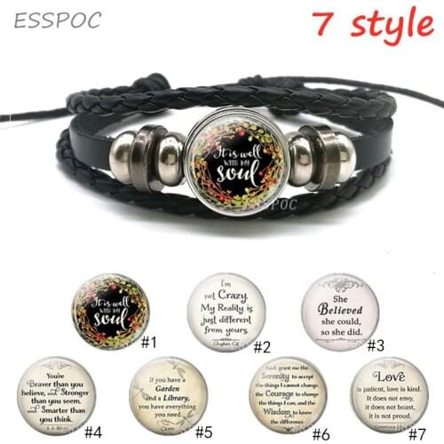 Black Leather Punk Bracelet Glass Cabochon Wrist Round Cuff Bracelets Serenity Prayer Quote Jewelry