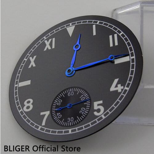 BLIGER 38.9MM Black Sterile Dial Arabic Roman Numerals Watch Dial Fit For ETA 6498 Hand Winding Movement+Blue Watch Hand D70