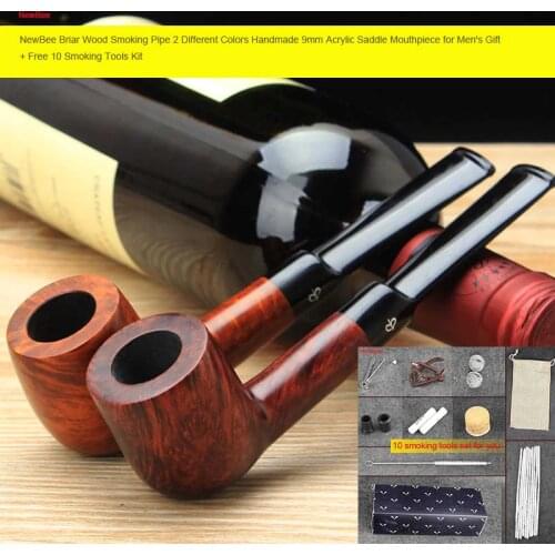 RU- NewBee Free 10 Tools Briar Wood Smoking Pipe Different Colors Acrylic Saddle Mouthpiece for Mens Gift + 9mm filter aa0007