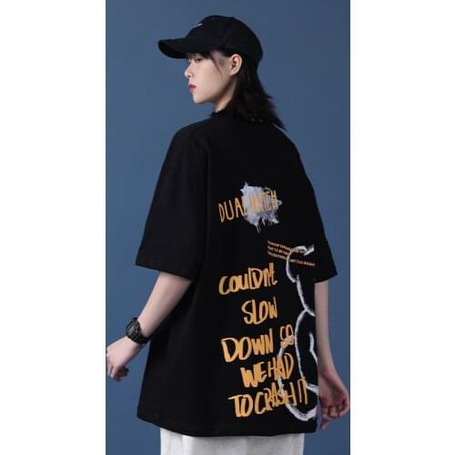 Couple Short Sleeve T-shirt Summer New Wild Bear print T-shirt Tops Women Casual Loose T-shirts Black/White/Pink Couple outfit