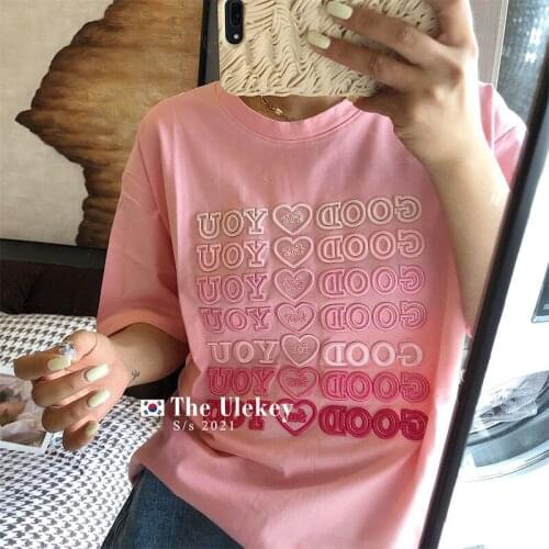 Korean Retro Letters Embroidery T Shirts Pink Cotton Oversized O-neck Short Sleeve Summer Tops Woman Tshirt Streetwear Plus Size